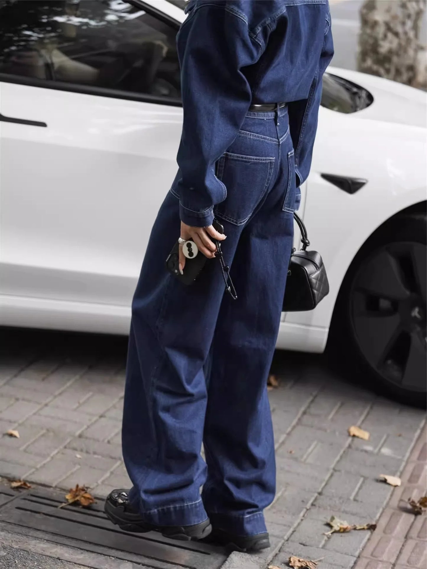 Blue Design Denim Jumpsuit Women'S Spring And Autumn Collar Fashionable Workwear Large Pocket Loose Pants