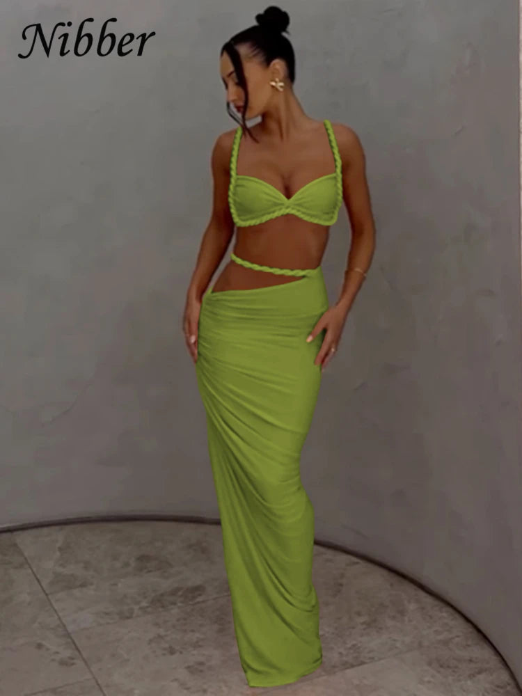 Nibber Sexy Women 2 Piece Set Bandage Ruched Square Collar Bra+Skinny Long Skirts 2025 Summer Vacation Beach Party Trend Suits