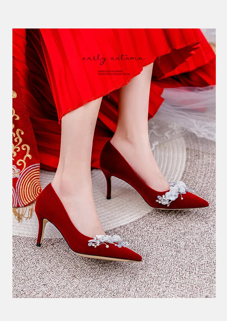 Wedding Shoes Women's 2024 Main Wedding Dress White High Heels Burgundy Xiuhe Bridal Shoes Mid Heel Plus Size Single Shoes