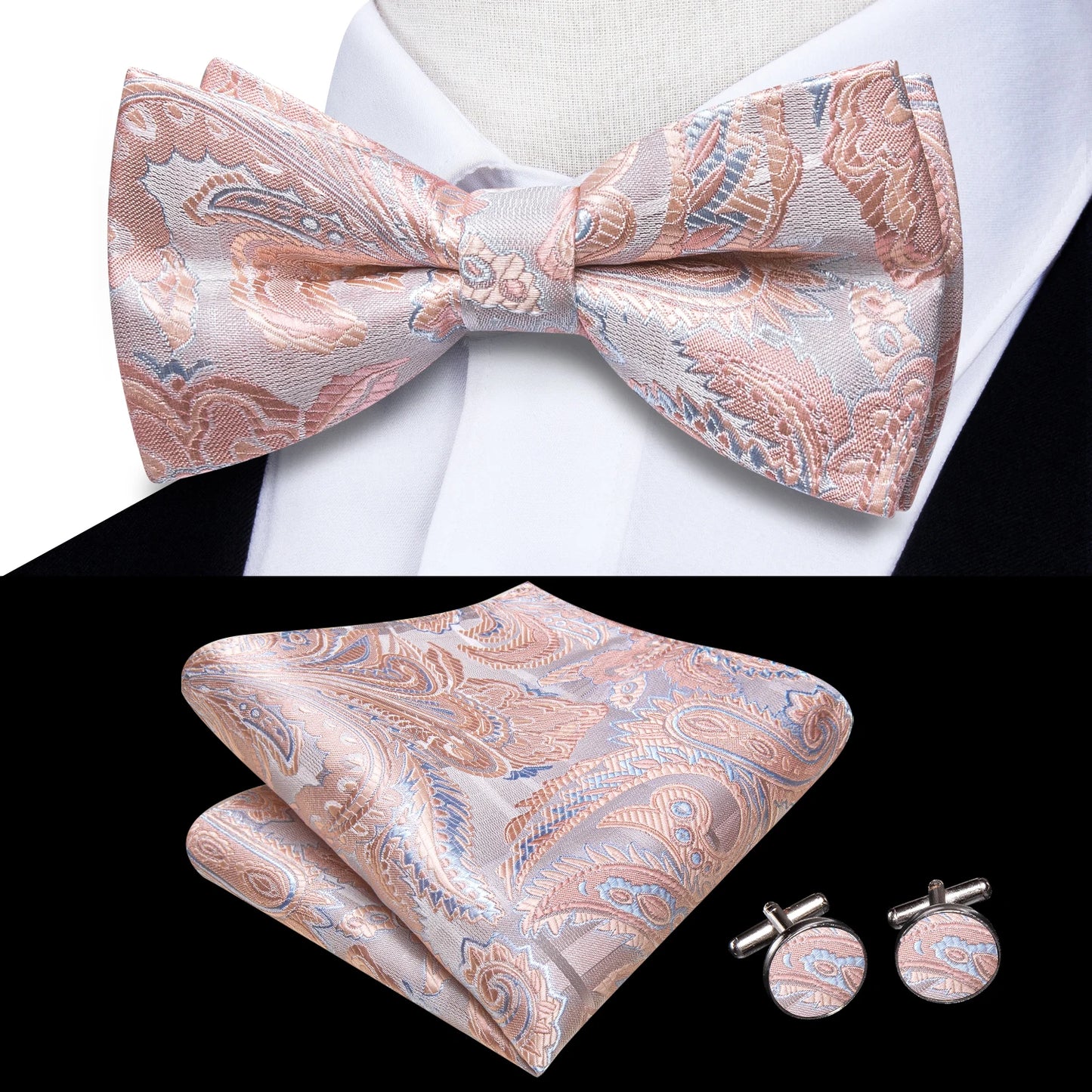 Hi-Tie Pink Dot Silk Mens Pre-tied Bow Tie Hanky Cufflink Set Dusty Pink Butterfly Knot Bowtie for Male Wedding Business