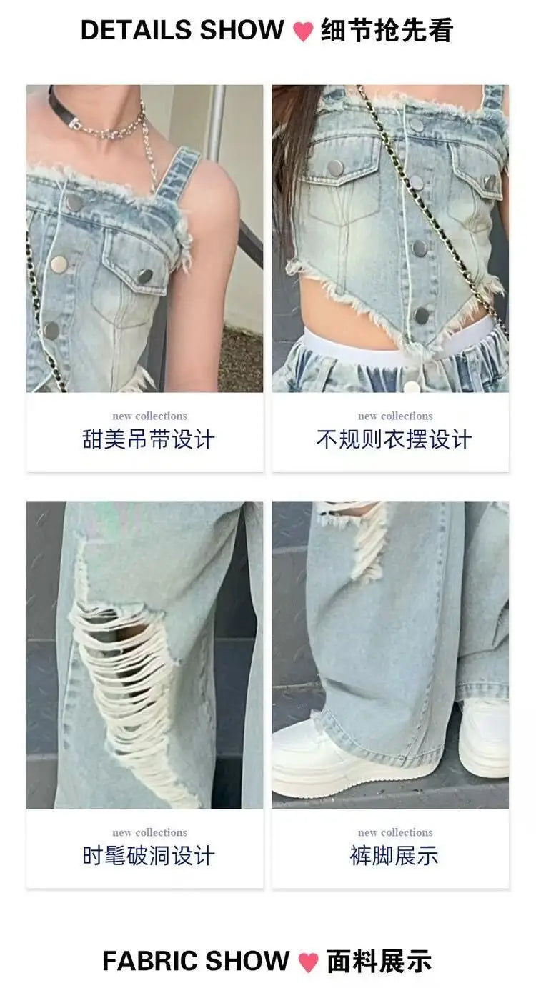 Girl Summer 2025 Halter Vest Ripped Wide-Leg Pants Two-Piece Set Kids Casual Harbor Flavor Simple Style