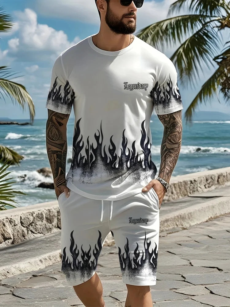Men's Summer Short Sleeve Set Hip Hop Cartoon Bear Print Short Sleeve Top Shorts Casual Two-piece Outdoor Urban Street Fashion