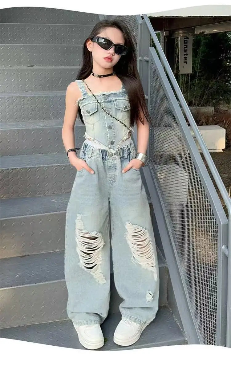 Girl Summer 2025 Halter Vest Ripped Wide-Leg Pants Two-Piece Set Kids Casual Harbor Flavor Simple Style