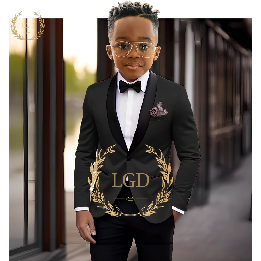 Boys' black shawl collar single button suit dress set 2-piece (jacket+pants) children's wedding party birthday tailcoat