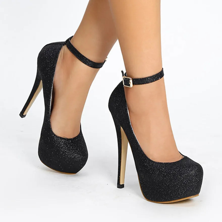New Women's Shoes Round Toe Glitter Single Shoes Shallow Mouth Waterproof Slim Heel Women's High Heels Plus Size Shoes
