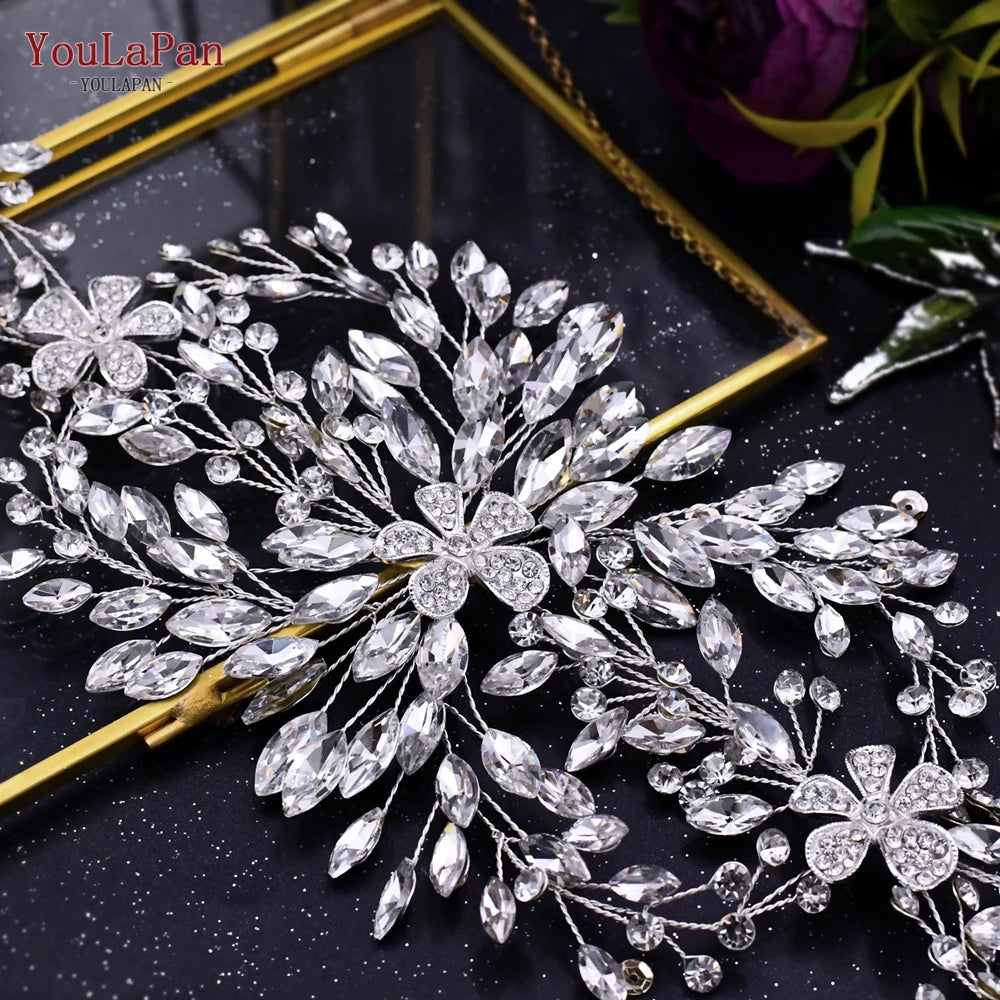 YouLaPan Luxury Wedding Headpiece Rhinestone Hair Vine for Bride Headwear Alloy Flower Headband Weding Hair Accessories HP390