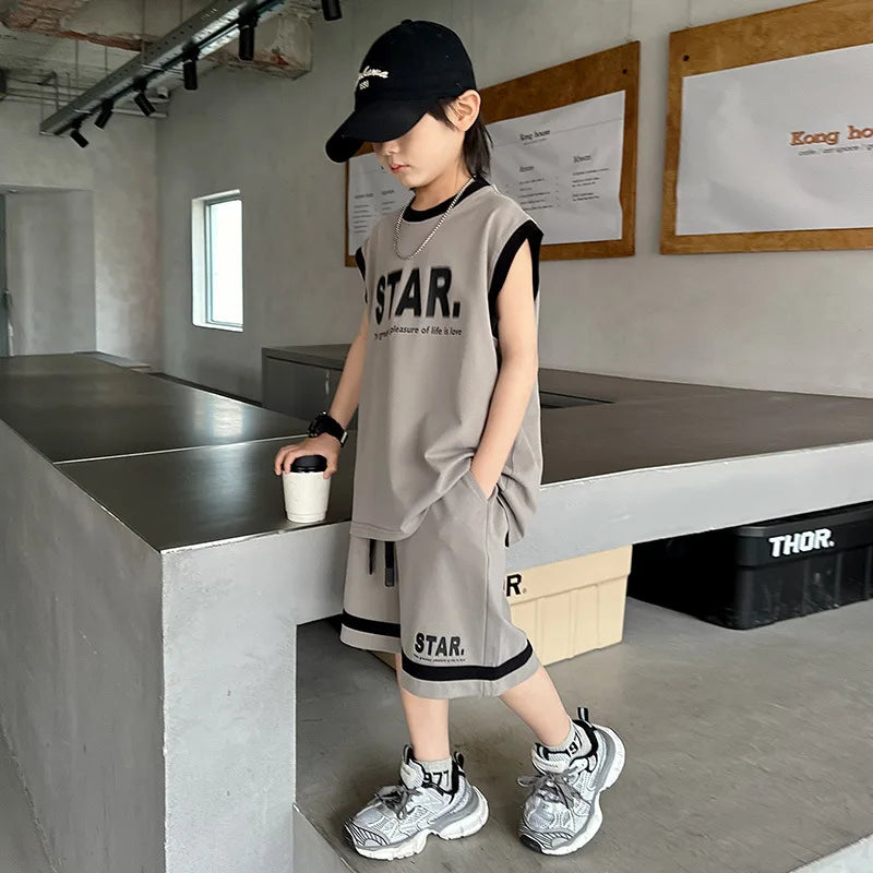 Summer 5-10 Years Old Boys' Sportswear Set 2025 Casual Loose Sleeveless Outfit | Trendy 2Pcs Clothing Letters Kids' Outfit