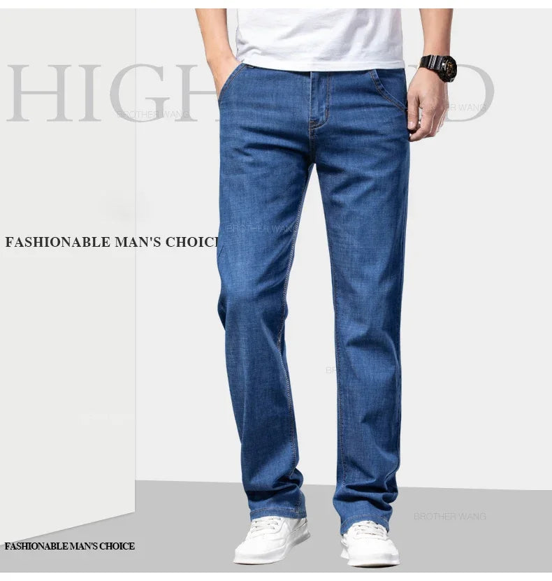 Summer Thin Men's Straight Jeans Classic Black Blue Stretch Casual Business Baggy Denim Pants Male Brand Trousers