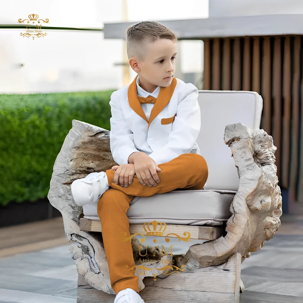 Boys' Linen Suit 2-piece set white Jacket Grey Pants Toddler first communion Outfit, pageboy formal set for wedding ring bearer