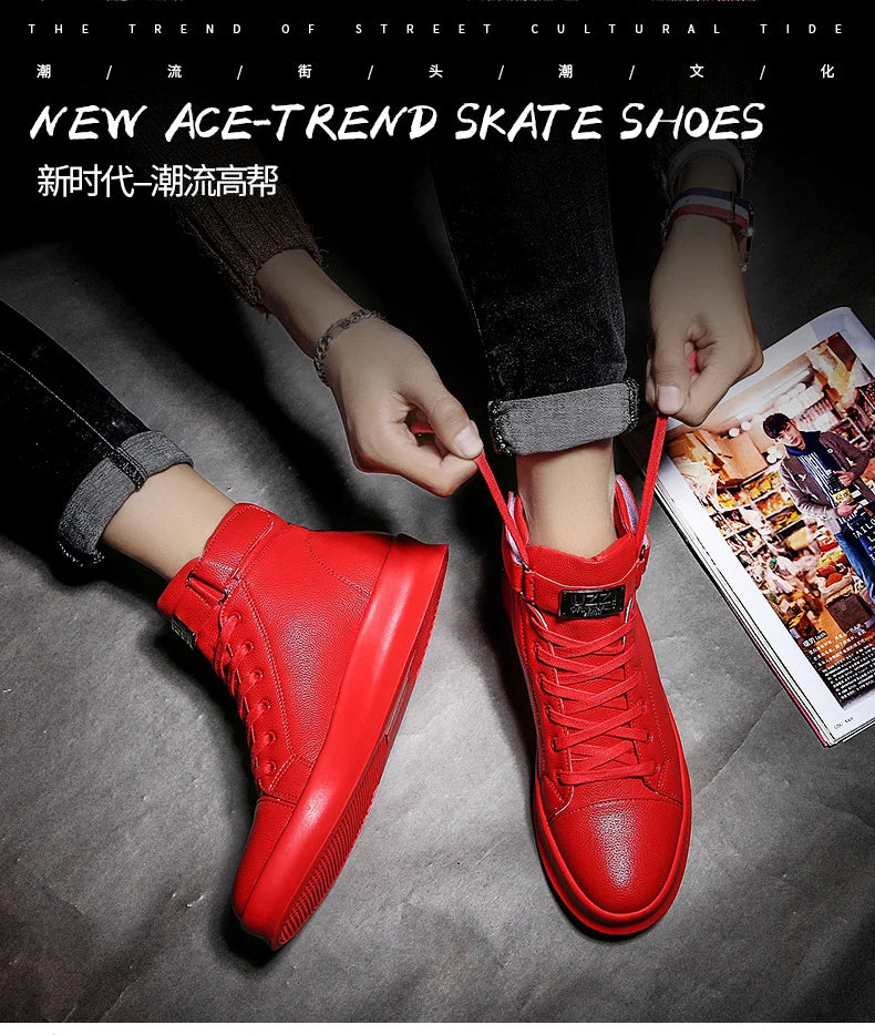Fashion Luxury Men's Red High Top Sneakers PU Leather Casual Sneakers Men Flat Designer Shoes Breathable Hip Hop Sport Shoes Man