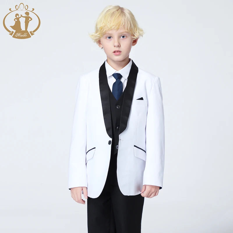 Spring Autumn Formal Suit for Boys Children Party Host Wedding Costume Coat Vest Pants 3Pcs White Wholesale Clothing Sets
