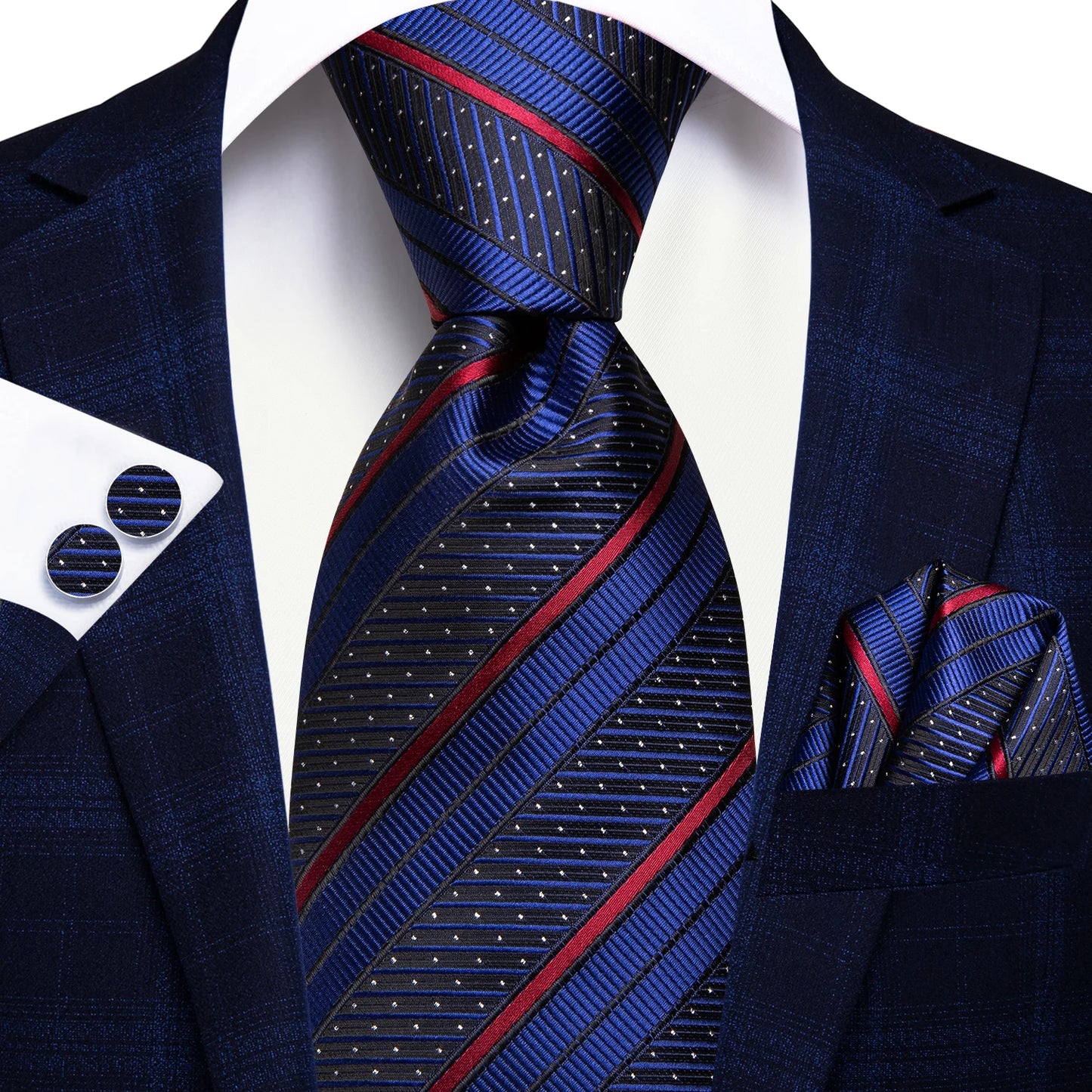 Hi-Tie Striped Black Purple Red Green Men Elegant Necktie Hanky Cufflinks for Tuxedo Fashion Classic Silk Luxury Tie for Man
