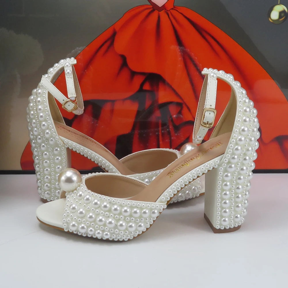 2024 New Arrival Hademade White Sandals Bridal shoes bag set woman Big Pearl Girls fashion Sandals party Shoes Fashion Thin Heel
