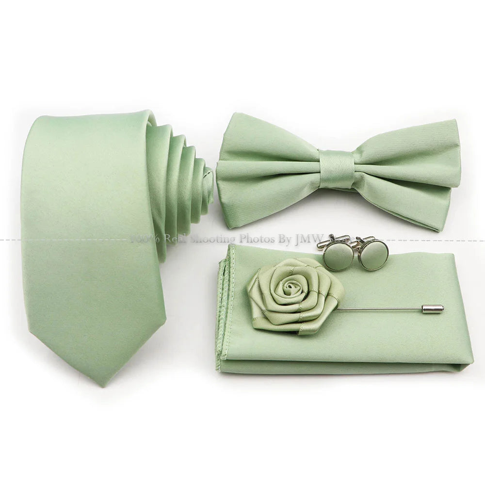 Hot Sale Purple Pink Sage Green Tie Set Polyester Necktie Bowtie Cufflink Brooch For Groom Suit Wedding Cravat Shirt Accessory
