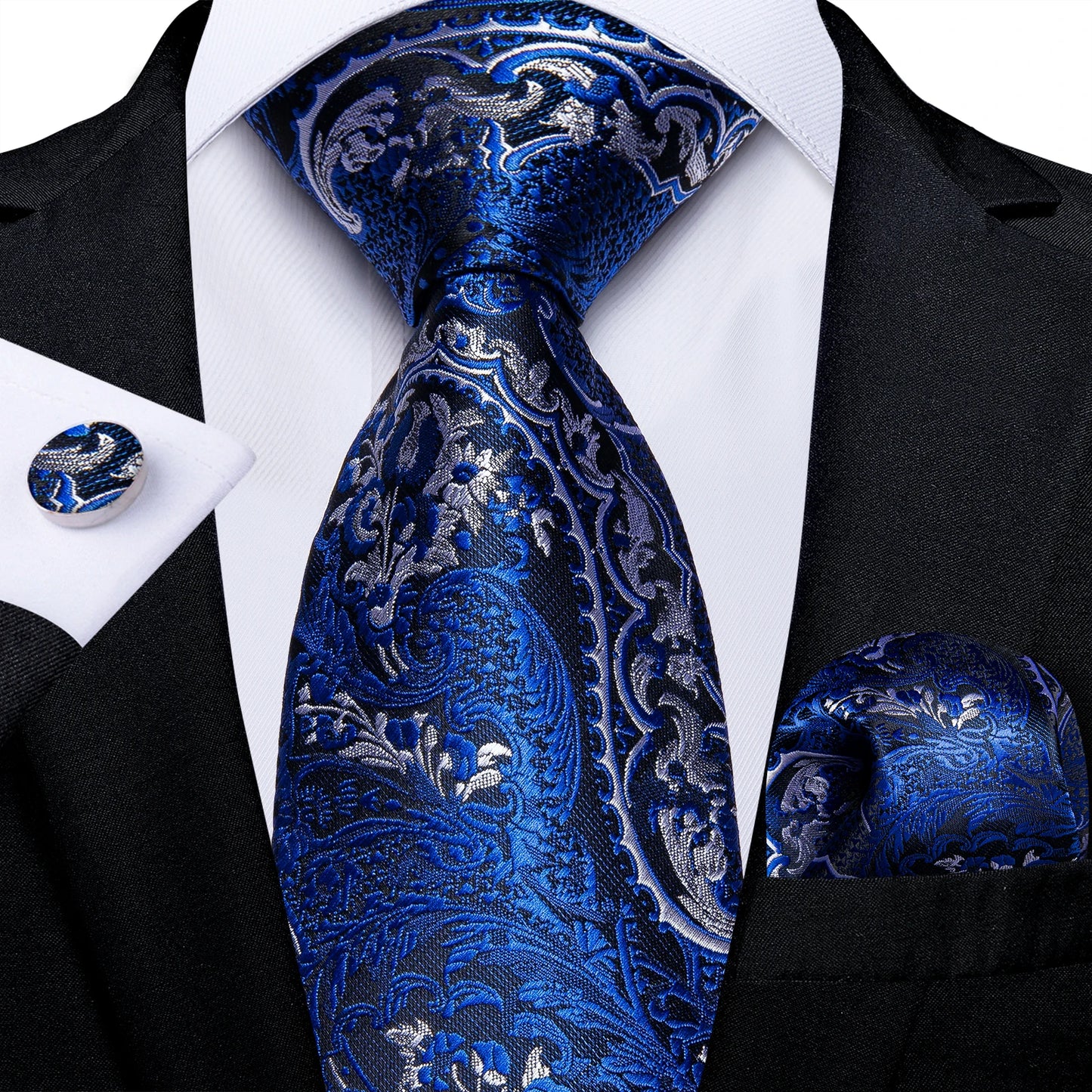 Royal Blue Paisley Plaid Striped Men tie Set with Handkerchief Cufflinks Wedding Prom Groom Accessories Perfect Gift for Men