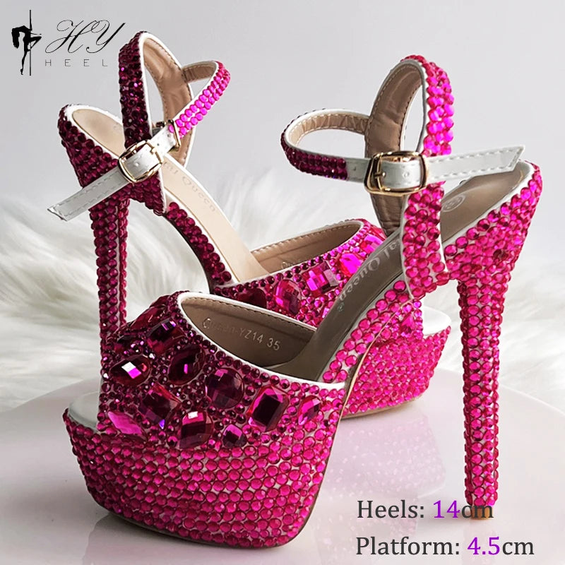 Fashion Diamond Wedding Shoes Ladies 14cm Heels Open-toed High-heeled Waterproof Platform Party Shoes Women