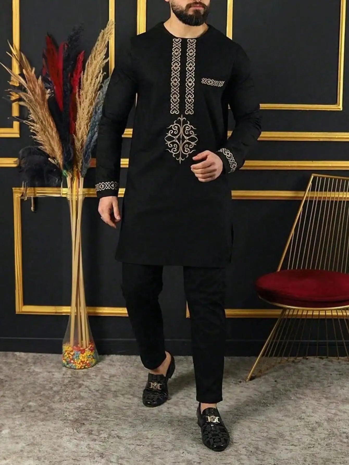 Kaunda Men's Suits Kaftan Outfits Round Neck Striped Print Long-sleeved African Ethnic Style Men's Sets Traditional Clothing