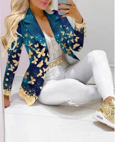 Fashion Butterfly Print Blazer Suit and Pants Two Piece Set for Women 2023 Autumn Winter Outfit Office Lady Casual Clothing