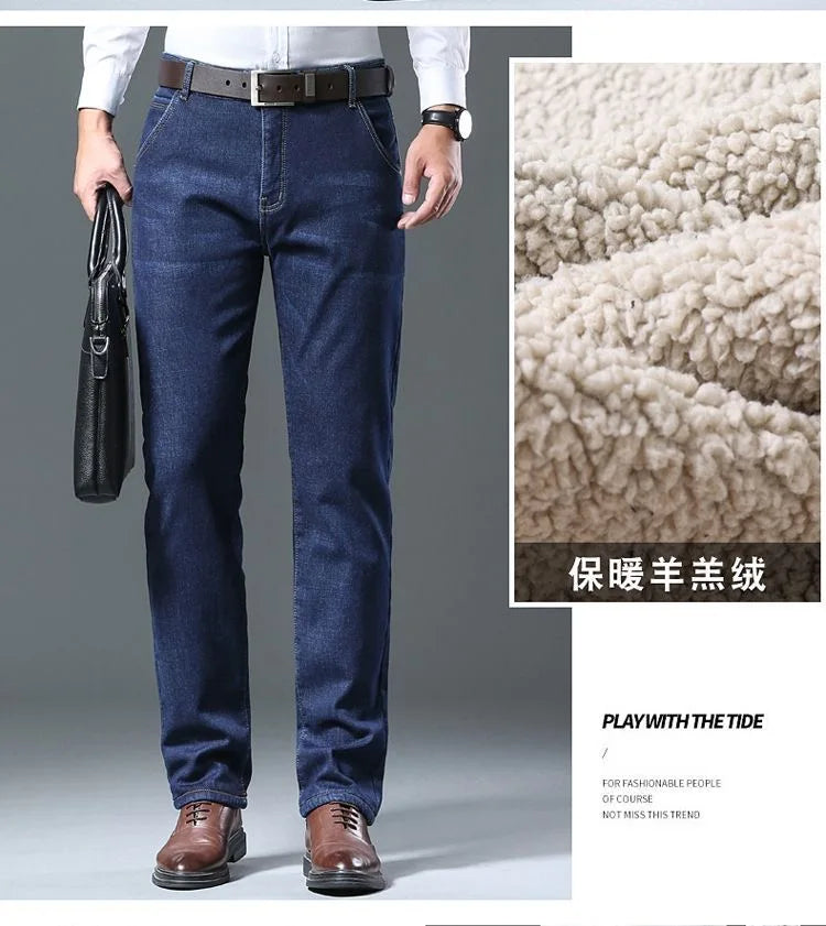 Winter New Fashion Trend Solid Color Plus Plush Thick Warm Jeans For Men's Casual Loose Sports Straight Leg Elastic Jeans 28-40