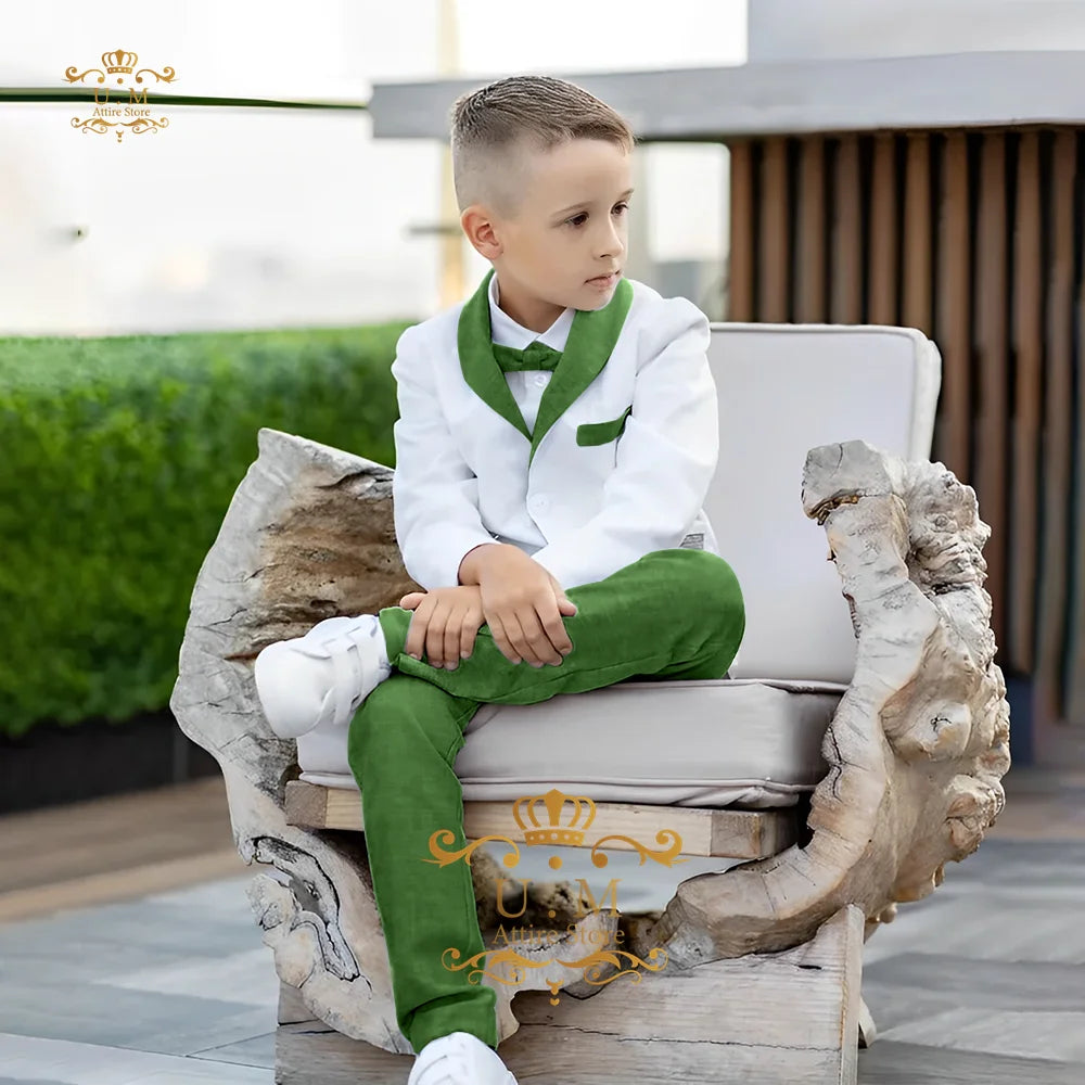 Boys' Linen Suit 2-piece set white Jacket Grey Pants Toddler first communion Outfit, pageboy formal set for wedding ring bearer