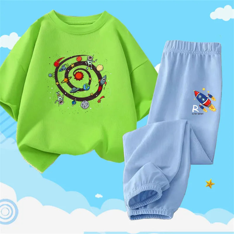 Boys Summer Clothes Set Kids Cartoon Space T shirts+Loose Harlan pants Suit 2PCS Pack Teens Sports Clothing Sets