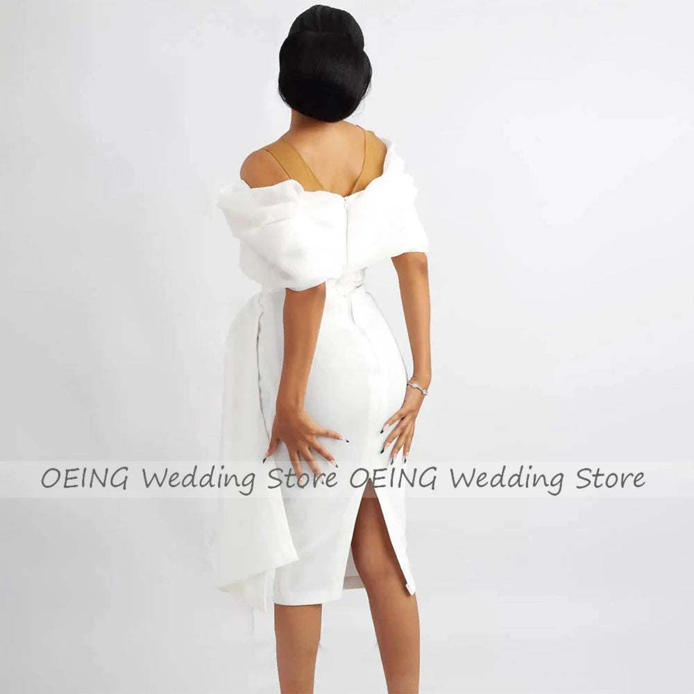 Short Wedding Dress White Off the Shoulder Sheath/Column Wedding Gown for Women 2023 Bride Knee Length Beaded Simple Bridal Gown