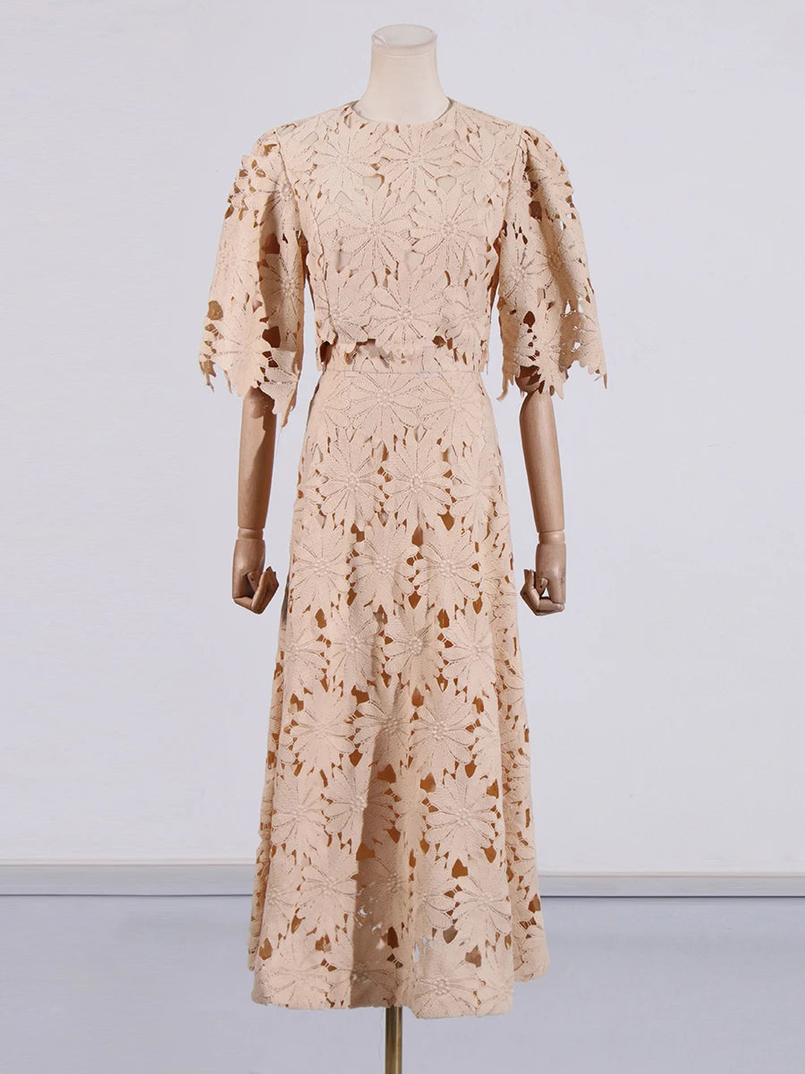 VGH Embroidery Two Piece Set for Women O Neck Batwing Sleeve Top High Waist Hollow Out A Line Long Skirt Elegant Suit Female New