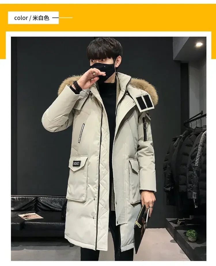 Men's Thickened Down Jacket Hooded Faux Fur Collar Winter Long Parka Jacket Outdoor Street Fashion Jacket Men's Clothing 2024