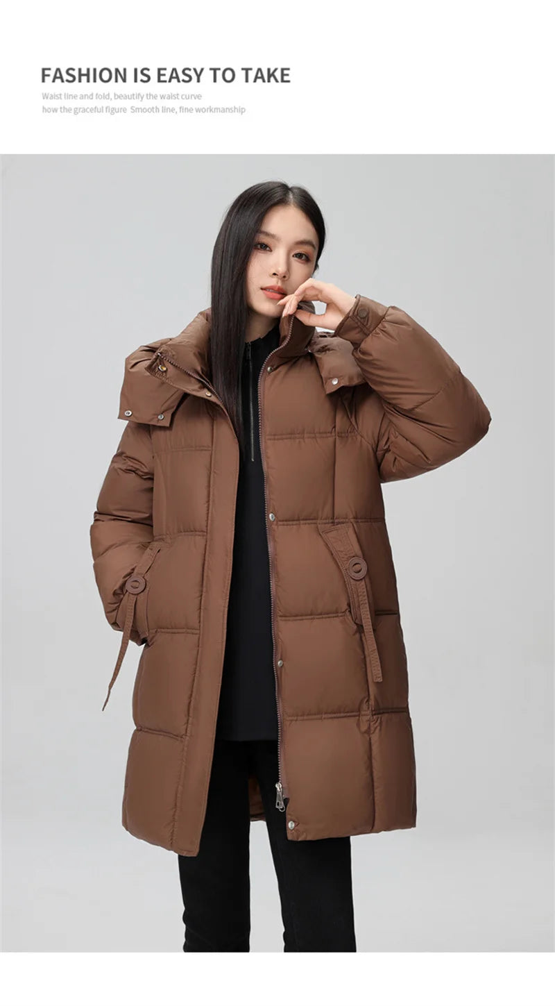 2024 New Winter Women Jacket Mid Long Hooded Parka Cotton Padded Jacket Female Parkas Loose Casual Warm Outwear Snow Wear Coats
