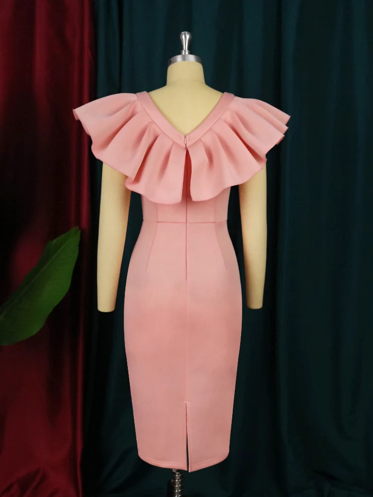 African Women Dresses Puff Ruffle Cape Sleeves Bow Bodycon Knee Dress Elegant Party Birthday Cocktail Event Prom Outfits