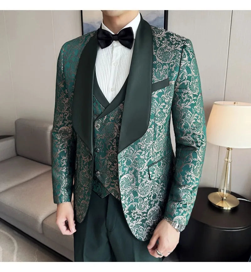 Spring 2025 Men's British Style Business Casual Three-Piece Suit Vest Trousers High-Density Jacquard Wedding Dress
