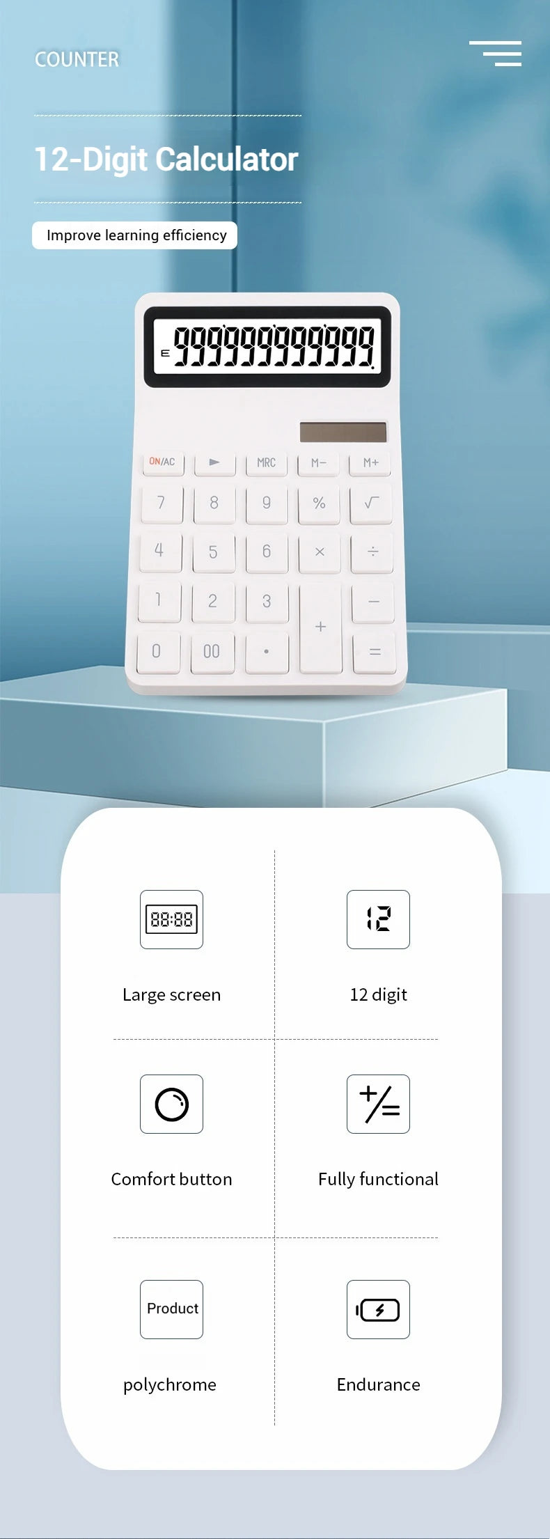 Solar Calculator with Dual Power Supply, 12 Digits, Electronic Calculator, Home, Office, School, Financial, accounting Tools