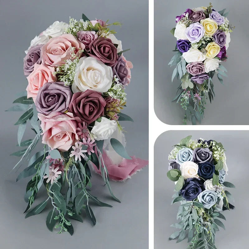 45X22CM Artificial Flower Bundle Bride Water Drops Holding Flowers Wedding Supplies Rose Silk Flower Wedding Photography Props
