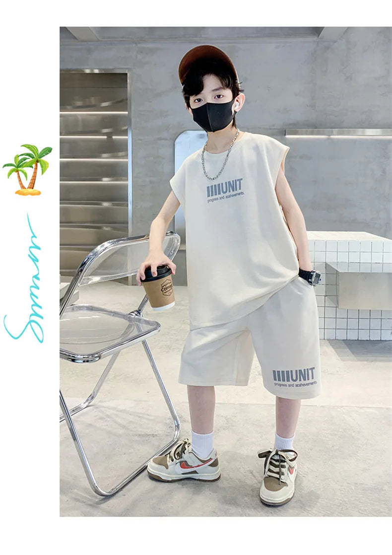 Boys Summer Suit New Children's Sleeveless Vest Sports Suit Fried Street Clothes Cool Handsome Summer Children's Clothing