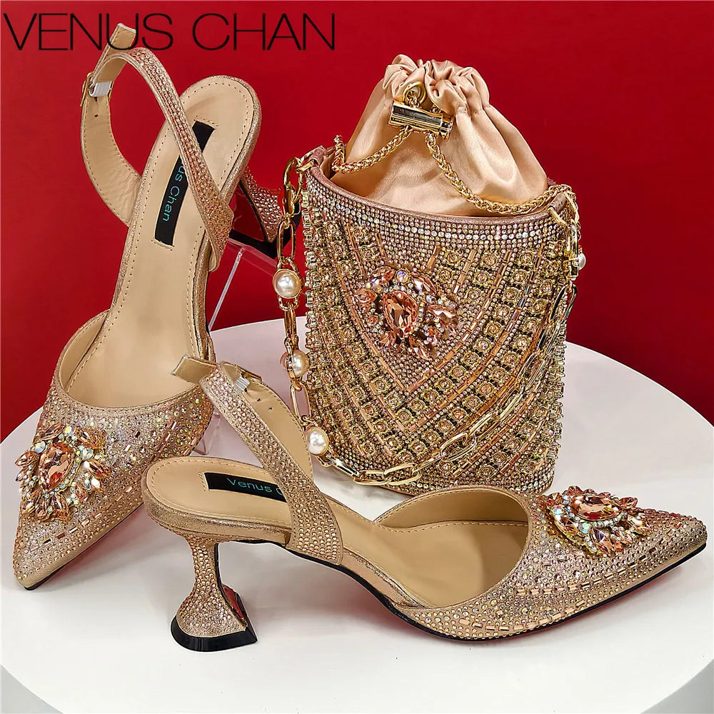 Nigerian Heel Party for Women Blue Color Shoes and Bag Set Rhinestone Handbag Italian Design Wedding INS 2025