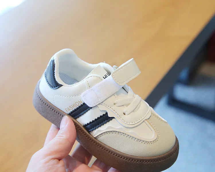 Children Spring Autumn Fashion Soft Soled German Training Shoes Boy Casual Board Shoes Girls Velcro Sneakers Striped White Shoes