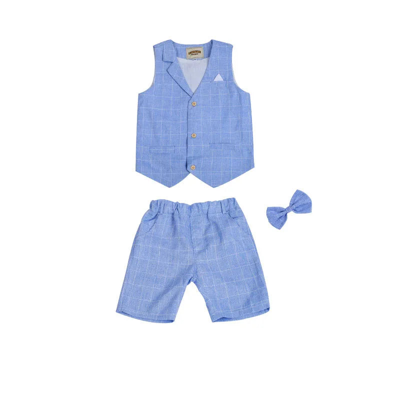Boys Summer Vest Dress 3Pieces/Set Vest Shorts Bowtie Photograph Suit School Performance Clothing Set Children Wedding Custome
