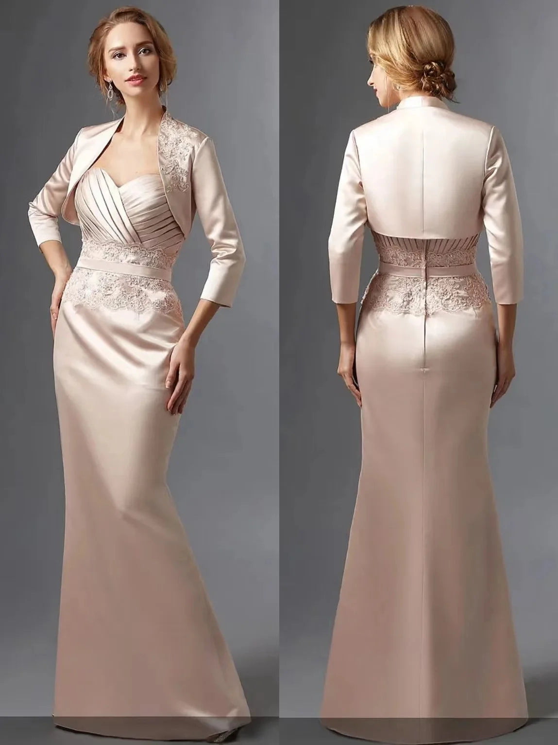 Champagne Soft Satin Wedding Party Dresses 3/4 Sleeve Jacket Sweetheart Neckline pleated Formal Prom Mother of the Bride Gowns