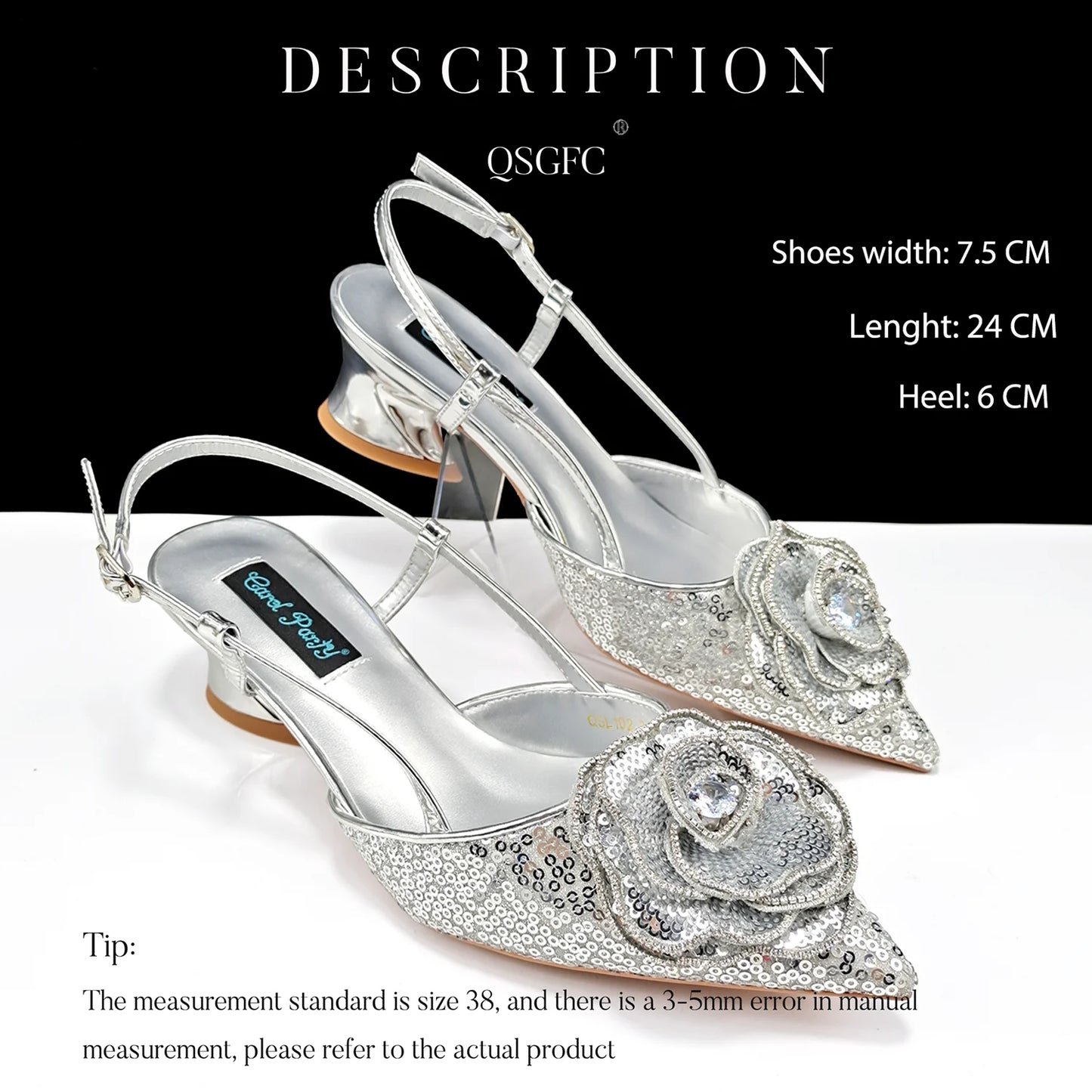 QSGFC Shiny Gold Color Shoes and Bag Elegant Handbags and Medium Heel Shoes Beautiful Handmade Flowers For Wedding Party
