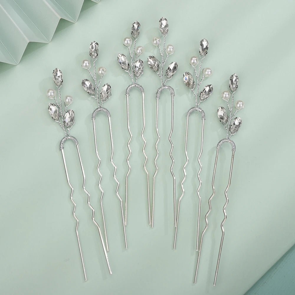 Silver Rhinestone Hairpins for Wedding Hair Accessories Women Handmade Gold Pearl Bridal Hair Pins Simple Trendy Headpiece Tiara
