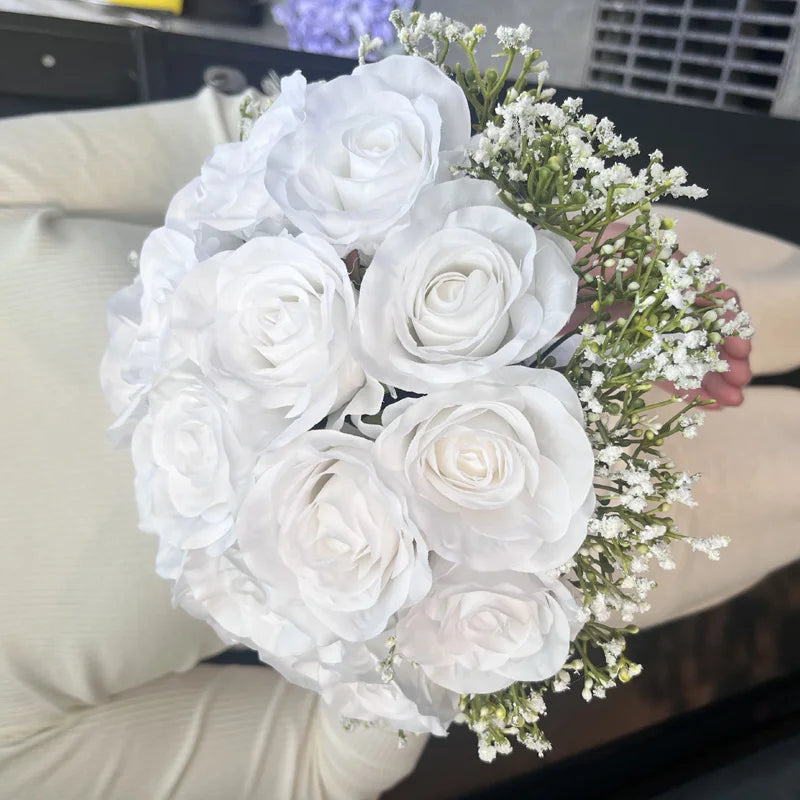Wedding Flowers Bridal Bouquet Bridesmaids Silk Roses Fake Babys Breath Bride Wedding Accessories Table Centerpiece Decoration
