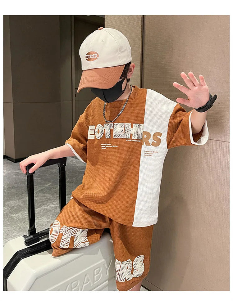 New Summer Teenagers Boys Clothing Sets Child Fashion Letter Top And Shorts 2Pcs Kids Tracksuit 4 5 6 7 8 9 10 11 12 13 14 Years