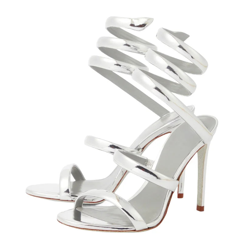 Summer new round toe silk ribbon snake-shaped wrapped sexy sandals thin high-heeled banquet dress large size women's shoes