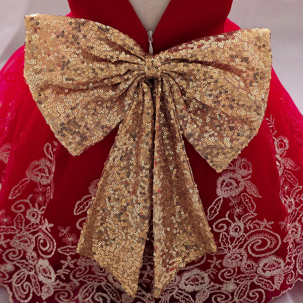 Gold Bow Flower Baby Dress for Girls Christmas Costumes 1st Birthday Party Princess Dresses Wedding Formal Evening Kids Clothing