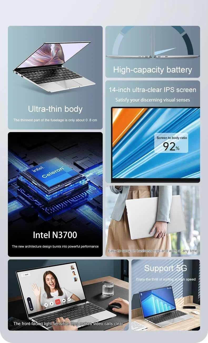 14.1" Ultra Slim Laptop 16GB RAM 2TB SSD Intel N3700 Notebook Gamer Windows 11 Pro 1920*1080 Display Office Study Computer PC