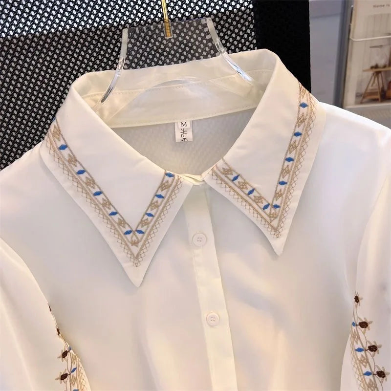 Embroidered Women be all-match High Quality Female Elegant Blouses Ladies Work Wear Shirts White Floral Clothings Chiffon Tops