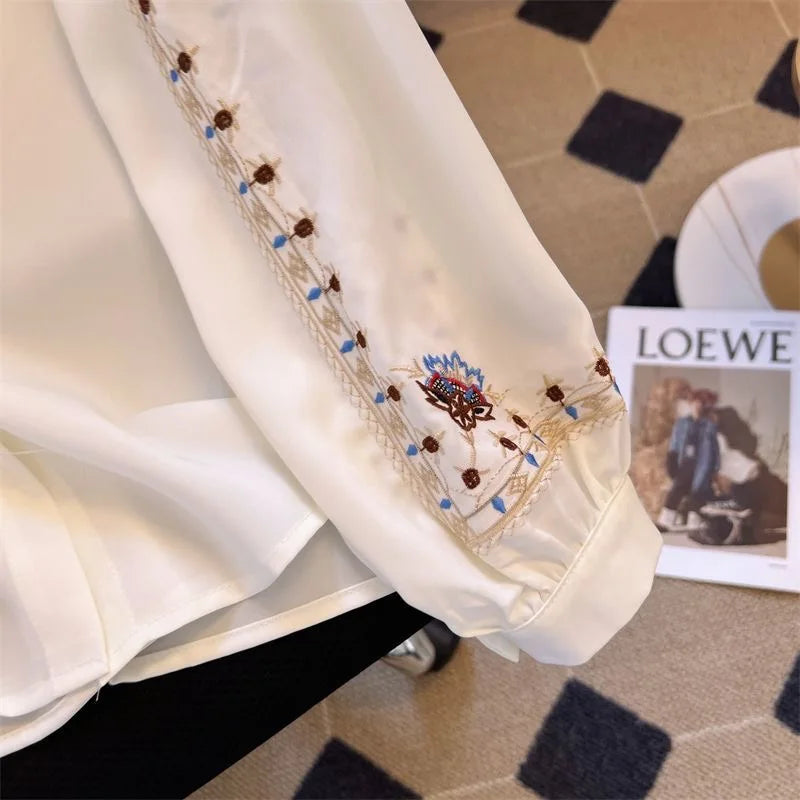 Embroidered Women be all-match High Quality Female Elegant Blouses Ladies Work Wear Shirts White Floral Clothings Chiffon Tops