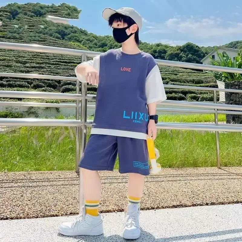 Junior Boys Summer Suit Children's Fashion Patchwork Short Sleeve Shorts Sports Suit Clothing 3-14Y Trend