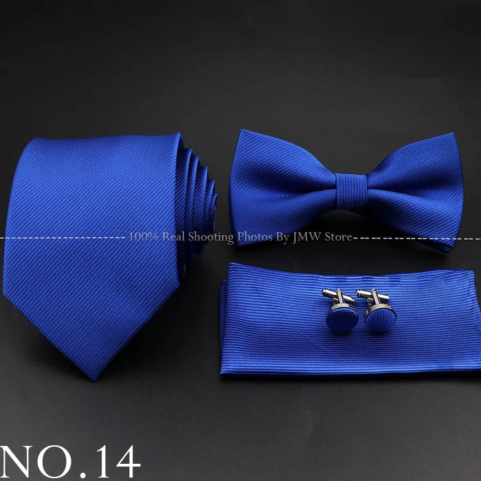 Hot Sale Red Blue Tie Set Polyester Slim Striped Necktie Bowtie Cufflink Brooch For Groom Suit Wedding Cravat Shirt Accessory