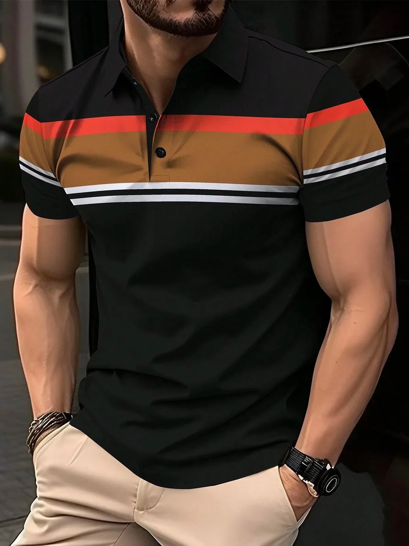 New Summer Men's Polo Shirt Button Collar Short Sleeve Pullover Casual Sports Solid Color Striped Lapel Trend Men's T Shirt